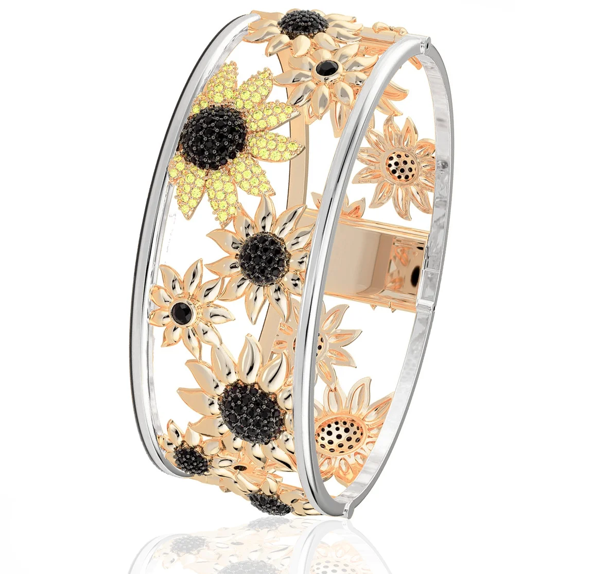 Custom yellow white gold sunflower design bracelet with black and yellow diamonds