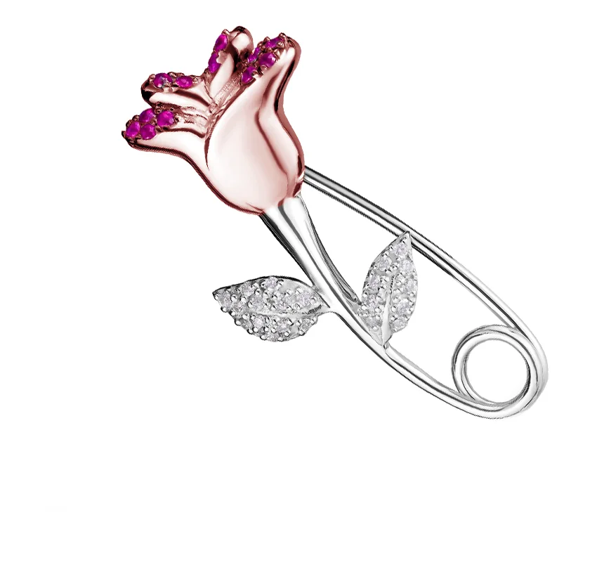 Sols bespoke white rose gold pin with rubies and diamonds