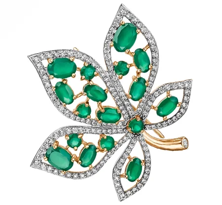 Sols bespoke white yellow gold chestnut leaf brooch with emeralds and diamonds
