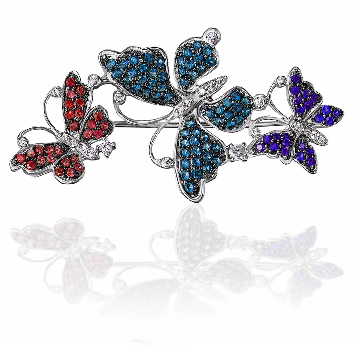 Custom white gold butterflies brooch with rubies clear diamonds sapphires and amethysts