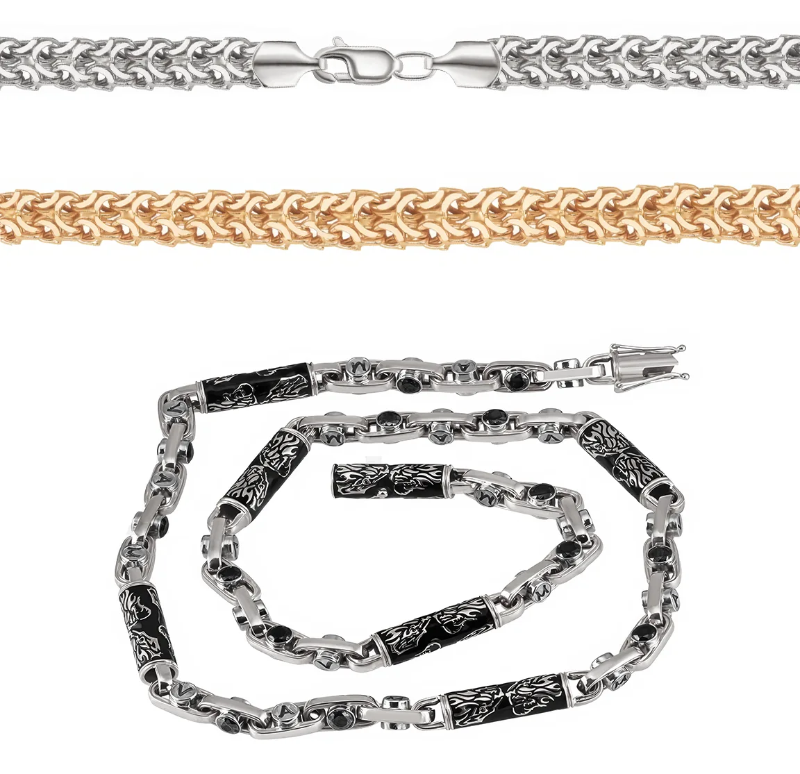 Custom 2 white and yellow gold chains with cast links and patterns with black enamels