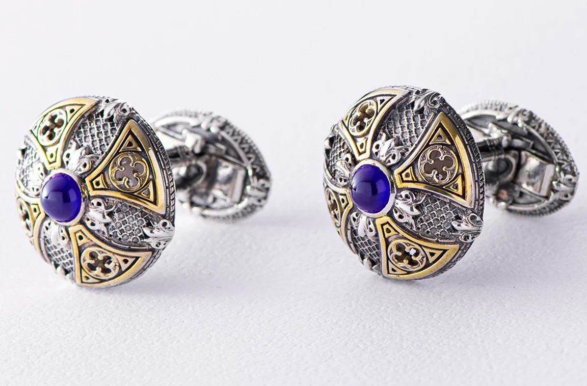 Custom yellow white gold cufflinks with patterns and tanzanites