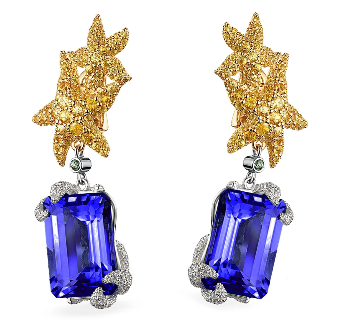 Custom White Yellow Gold Diamond Tanzanite Starfish Earrings Design