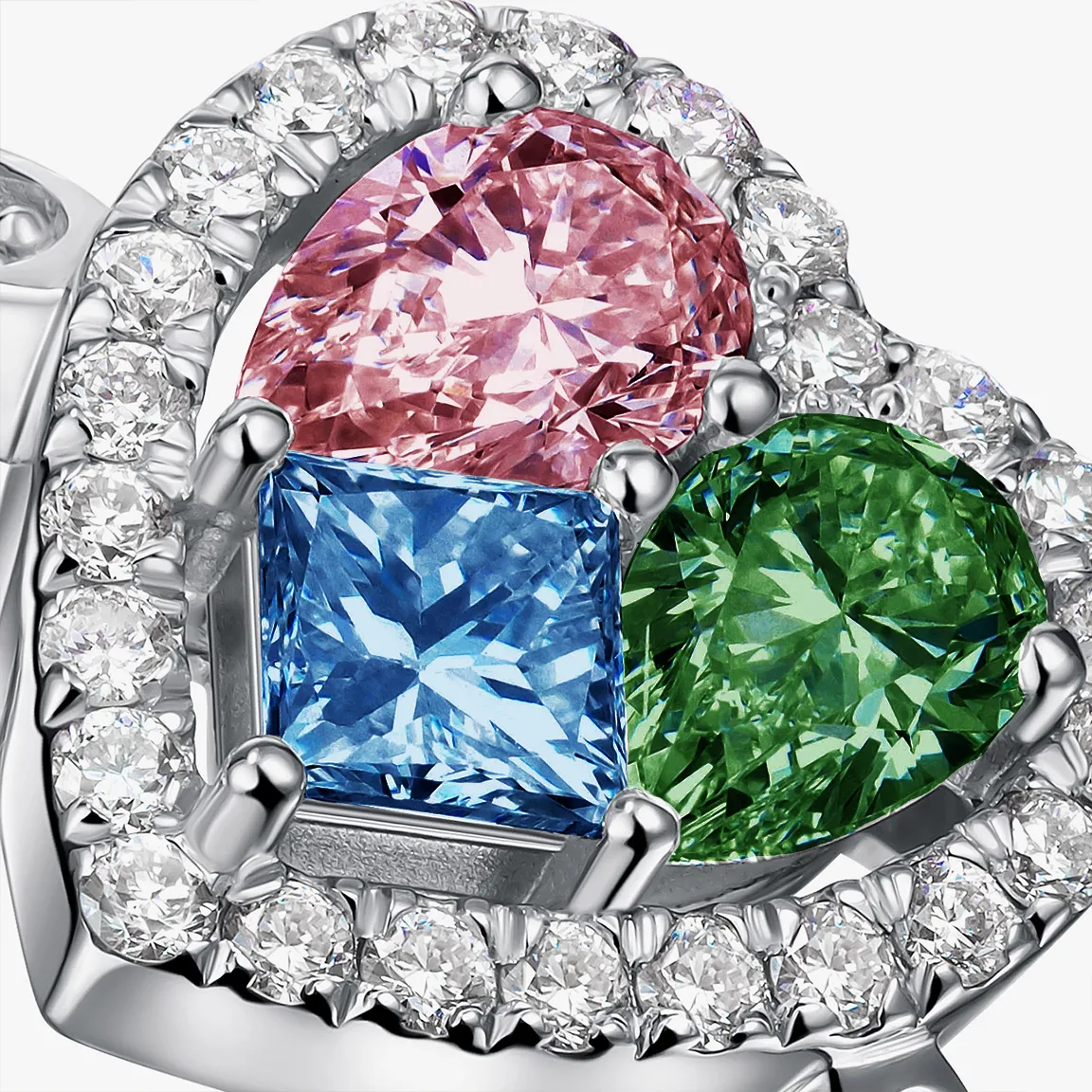 Top of engagement ring with blue pink and green diamonds