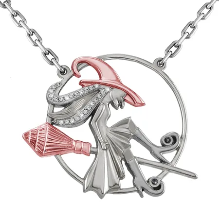 Sols bespoke white and rose gold witch on a broomstick pendant with diamonds