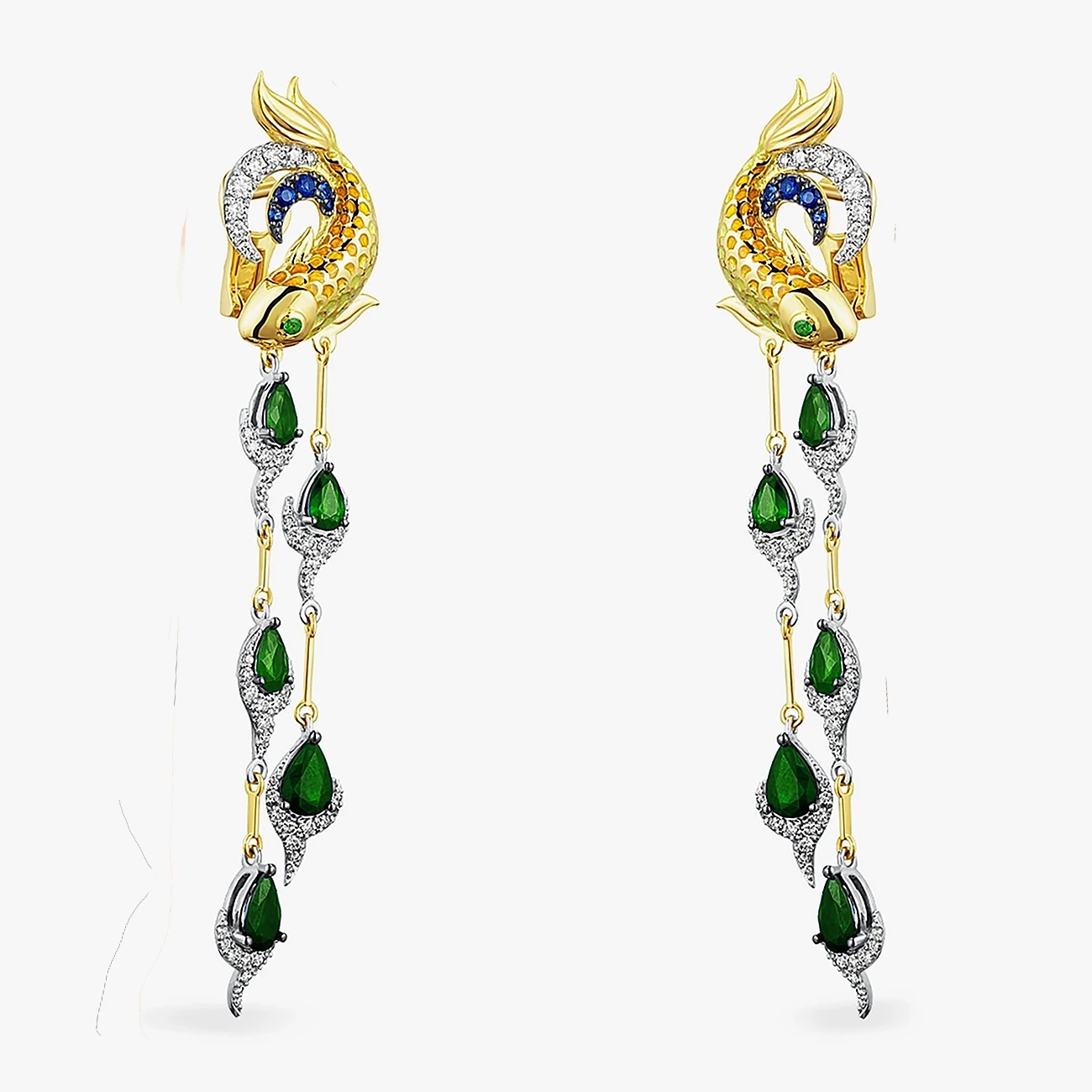 Custom white yellow gold fish earrings with emeralds, sapphires and diamonds