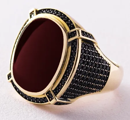 Sols bespoke white yellow men's signet ring with red enamel and black diamonds