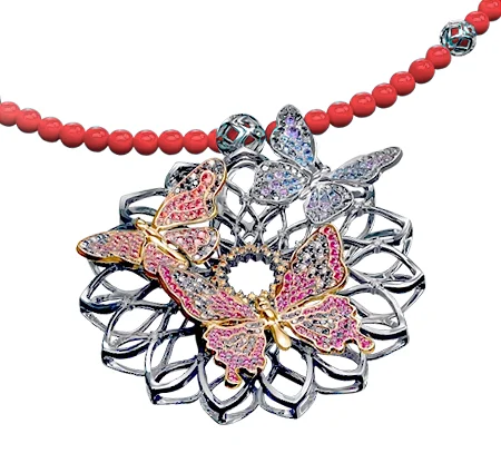 Sols bespoke gold butterfly necklace design with diamonds, rubies, sapphires and corals