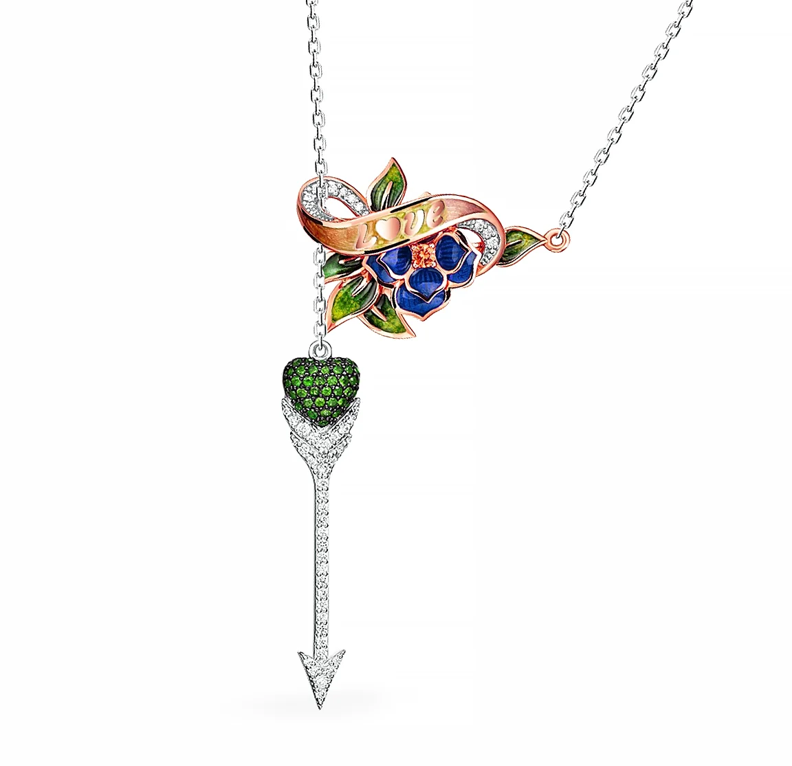 Custom pink and white gold flowers and arrow design necklace with enamels, diamonds, emeralds