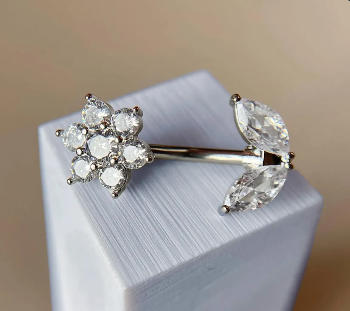 Custom white gold belly button ring with round and marquise diamonds