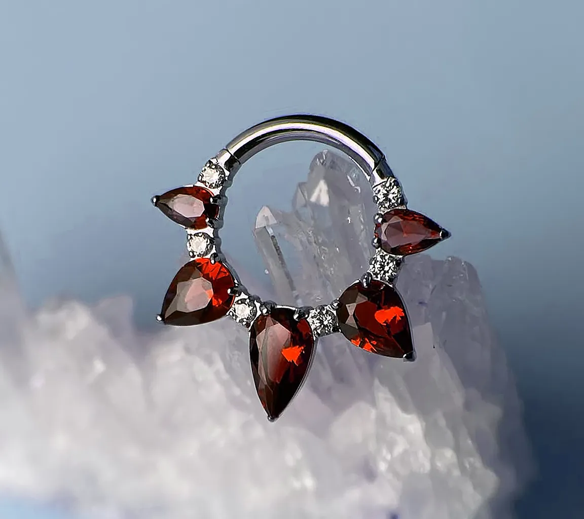 Custom white gold septum nose ring piercing with garnets and diamonds